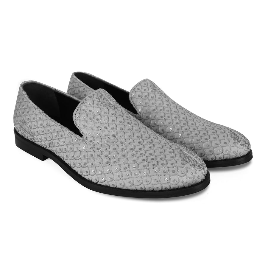 Grey Shimmer Silk Loafers